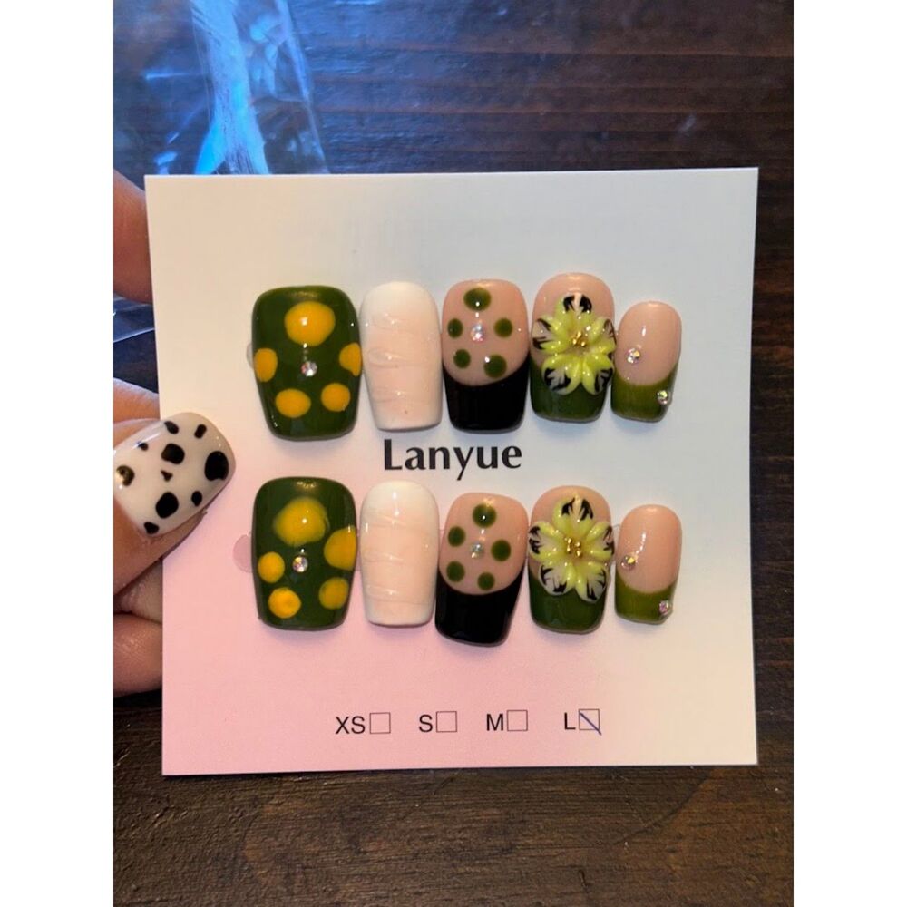 Green French Tip & 3D Flower Square Press On Nails Size Large